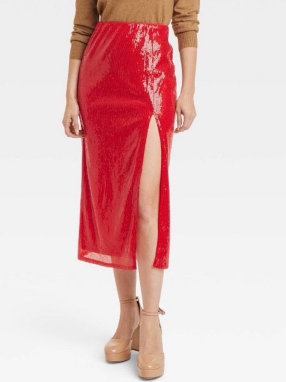 Red Sequin Maxi Skirt with Side Slit
